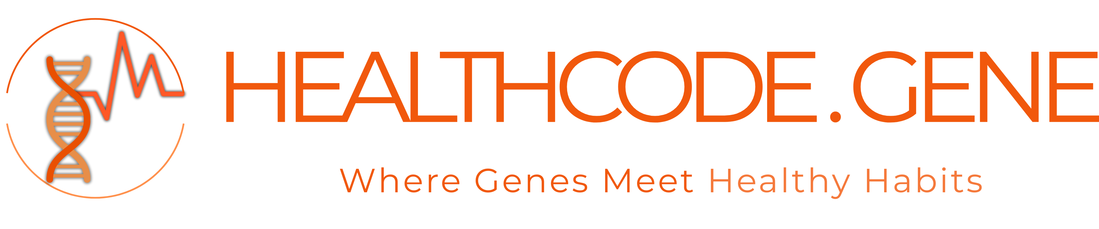 Logo for Healthcode.Gene, with a double helix and heartbeat icon. The tagline reads