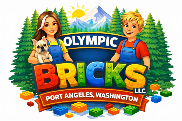 Logo for Olympic Bricks LLC in Port Angeles, Washington, featuring a illustrated two girls with a dog by pine trees