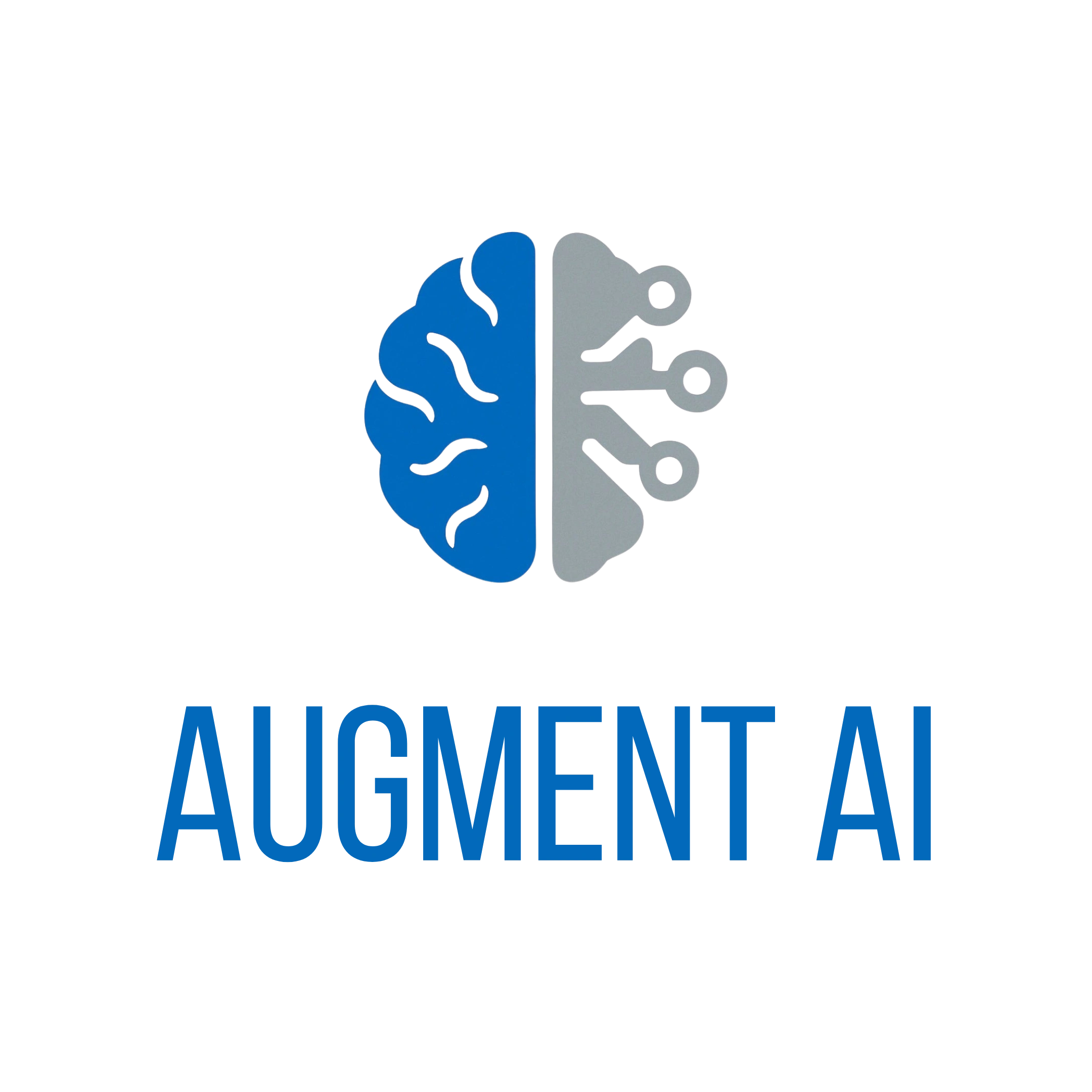 Logo: Brain icon split, blue and gray, over 