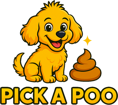 Yellow cartoon puppy sitting next to a brown pile of poop with text 