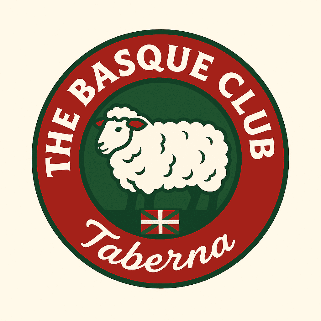 Round logo: The Basque Club Taberna. Red and green with sheep and Basque flag.