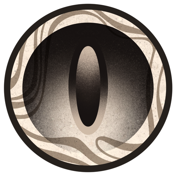 Oval-shaped black eye symbol within a beige-toned wood-grain border.