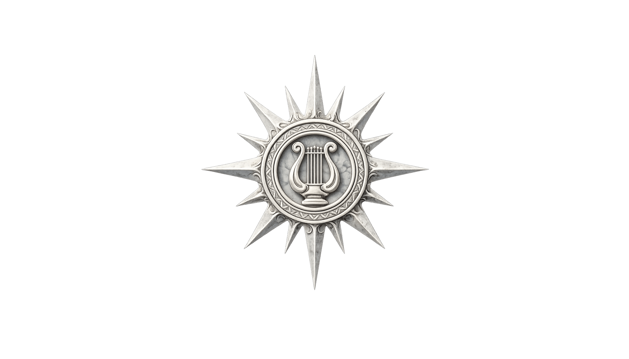 Silver starburst emblem with a lyre at its center.