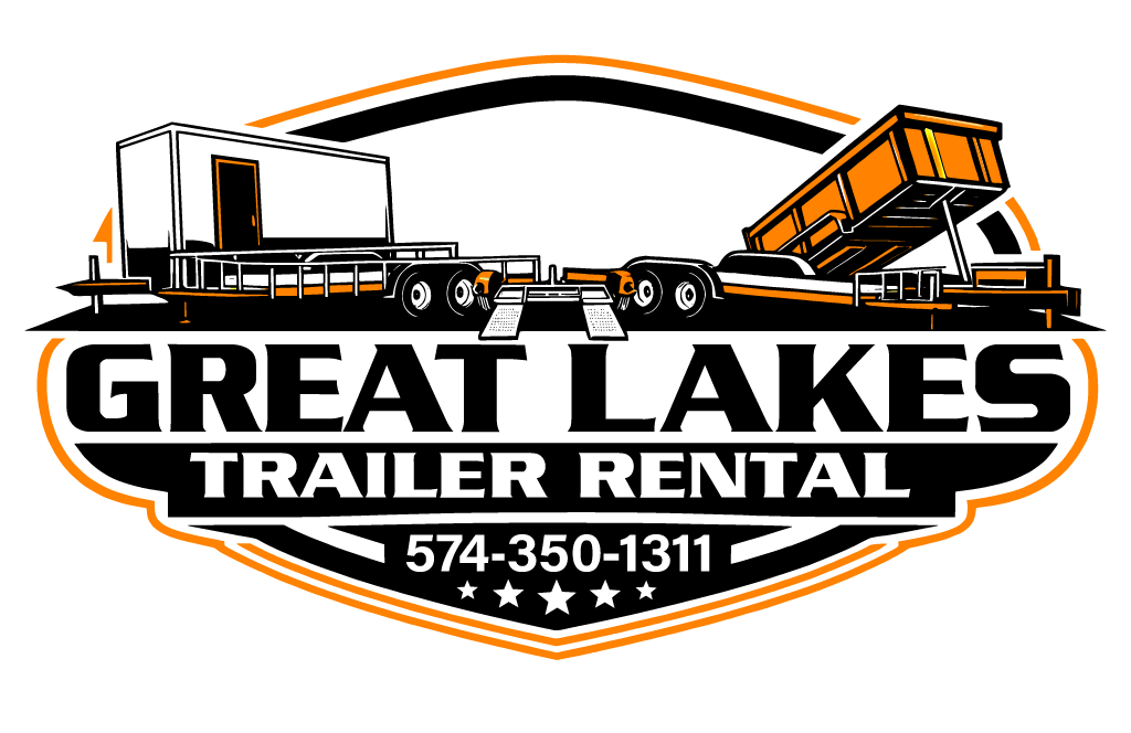 Logo for Great Lakes Trailer Rental featuring illustrations of two trailers, contact phone number, and five stars.