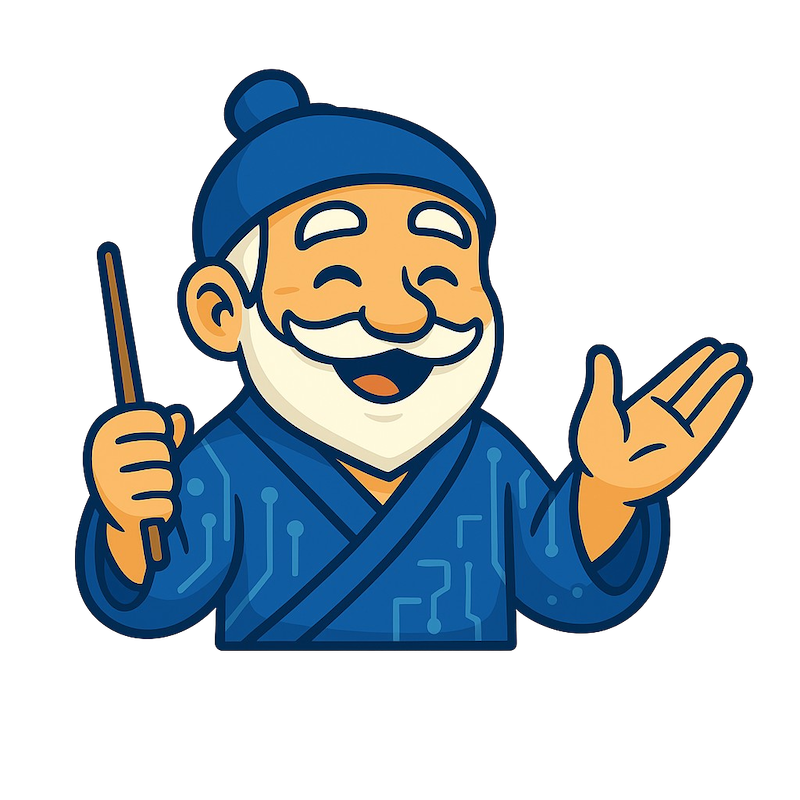 Logo GPT Sensei. Smiling wizard holding a wand, wearing a blue robe with circuit board design.