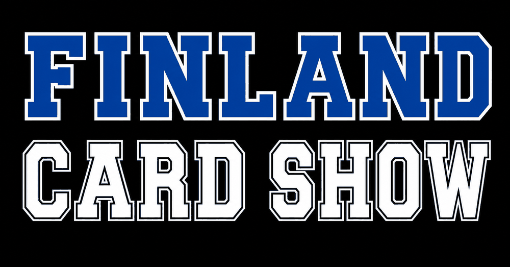 FINLAND CARD SHOW logo in blue and white bold text on a black background