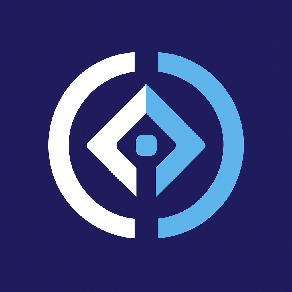 Abstract logo: white and blue geometric shapes within a dark blue circle.